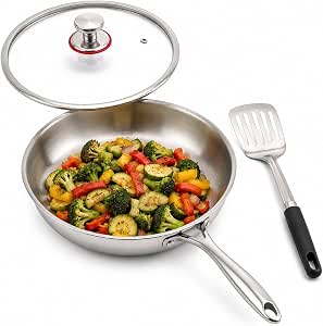 30cm Stainless Steel Frying Pan with lid & Spatula, 304 Stainless Steel Pan, 2 Ply Omelette Pan, Frying Pan for Induction Hob, Firm Handle Frying Pan for All Hobs